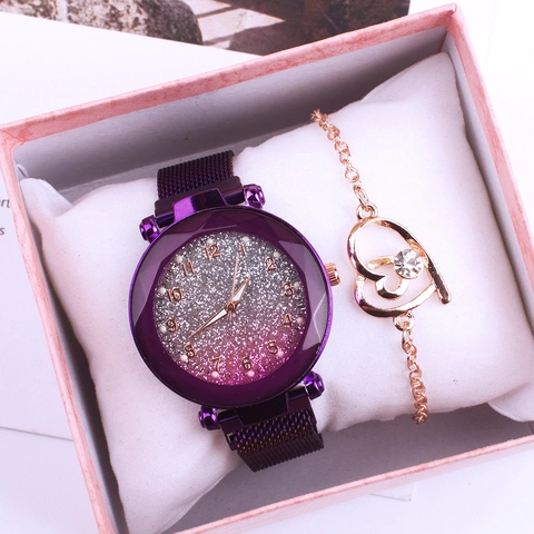 Starry Sky Dial Quartz Watch And Heart Bracelet Alloy Magnetic Mesh Strap Elegant Fashion Casual Women