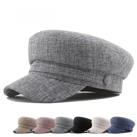 Women Men Newsboy Hat Cotton Linen Solid Color Flat Top Cap Retro Adjustable Navy Hat Baker Boy Cap Casual Painter Hat