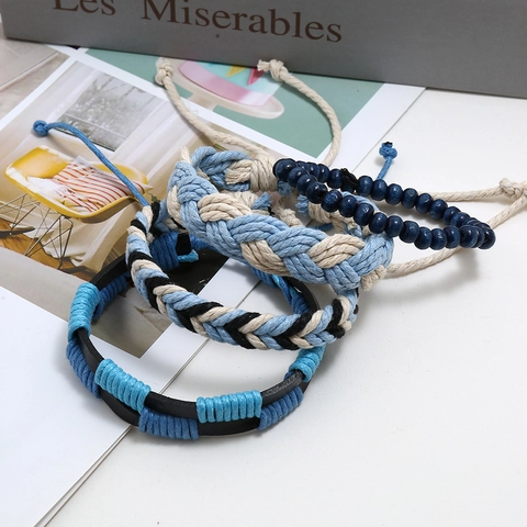 Bracciali Intrecciati Multistrato Pelle Di Vacchetta Perline Di Legno Corda Di Canapa Regolabile Punk Boho Gioielli Uomo Donna