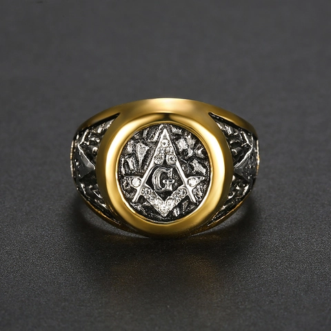 Masonic Freemason Symbol Ring Stainless Steel Rhinestone Inlaid Vintage Punk Street Jewelry For Men Gold And Silver Tone