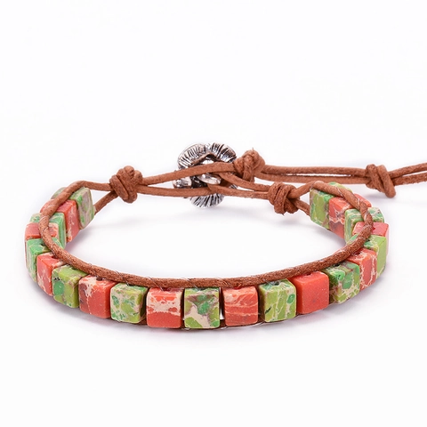 Handmade Wrap Bracelet Natural Colorful Emperor Stone Amazonite Beads With Leather Rope Alloy Lotus Clasp Yoga Jewelry