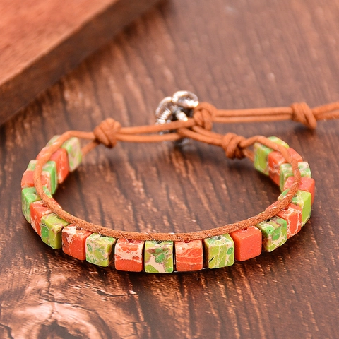 Handmade Wrap Bracelet Natural Colorful Emperor Stone Amazonite Beads With Leather Rope Alloy Lotus Clasp Yoga Jewelry
