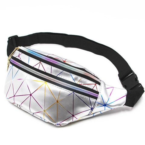 Geometric Laser Fanny Pack Holographic PU Leather Waist Bag For Women Travel Outdoor Sports Adjustable Crossbody Chest Bag