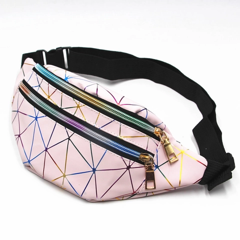 Multi Layer Outdoor PU Waist Bag Laser Holographic Geometric Chest Bag Fashion Sports Fanny Pack For Men And Women
