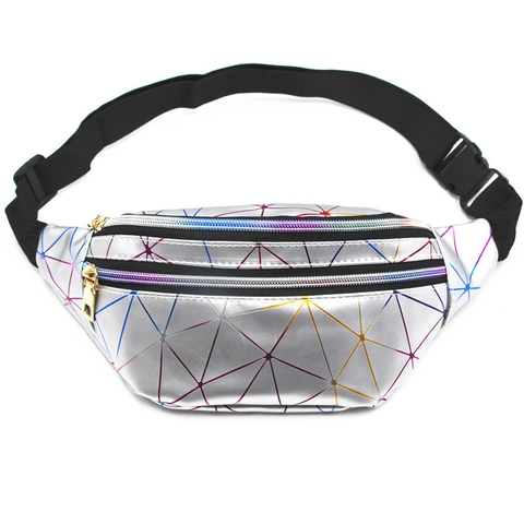 Geometric Laser Fanny Pack Holographic PU Leather Waist Bag For Women Travel Outdoor Sports Adjustable Crossbody Chest Bag