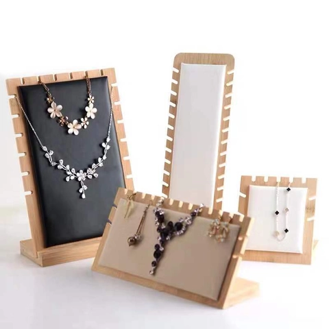 Bamboo Wood Necklace Display Stand Jewelry Showcase Holder Velvet PU Leather Multi Slot L Shaped Organizer For Pendants