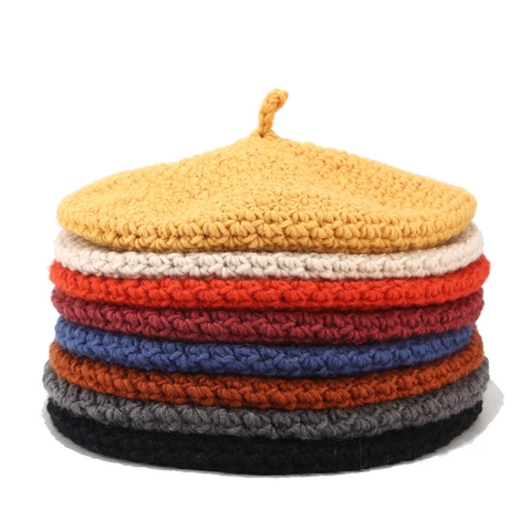 Knitted Beret Hat Crochet Chunky Yarn Winter Warm Retro French Style Solid Color For Women Painter Cap