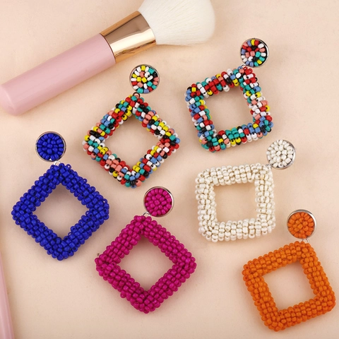 Handmade Beaded Rhombus Drop Earrings Geometric Bohemian Seed Bead Dangle Jewelry For Women
