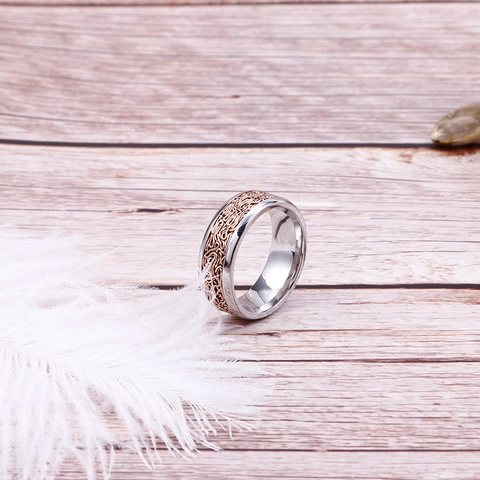 Stainless Steel Two Tone Ring Silver Border Rose Gold Braided Texture Center Vintage Personalized Band Jewelry