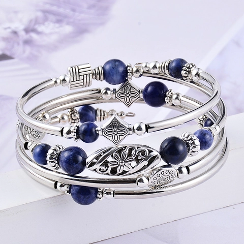 Brazalete Envolvente de Piedra Naturale Bohemio para Mujer Retro Geométrico Multicapa de Cuentas Aleación Pulsera de Dije Floral