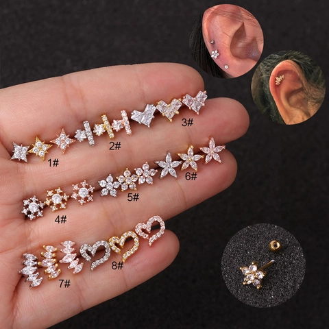 Mini Flower Star Ear Cartilage Stud Earrings Stainless Steel Screw Post Copper Inlaid Cubic Zirconia Helix Piercing