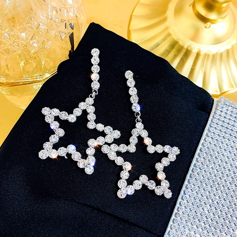 Ster Hangende Oorbellen Met Zilveren Oorsteker Legering Rijnsteen Glanzend Overdreven Mode Elegante Sieraden Voor Dames