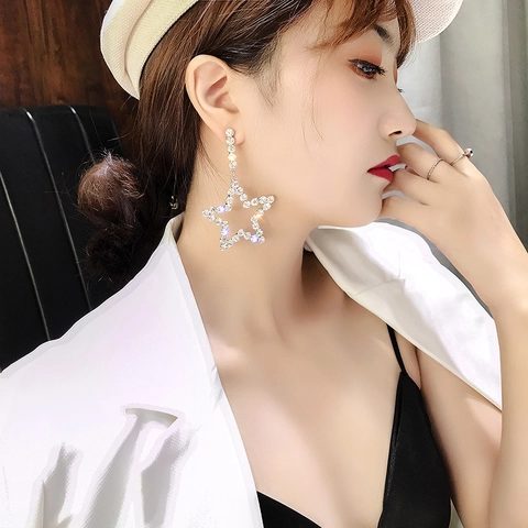 Ster Hangende Oorbellen Met Zilveren Oorsteker Legering Rijnsteen Glanzend Overdreven Mode Elegante Sieraden Voor Dames
