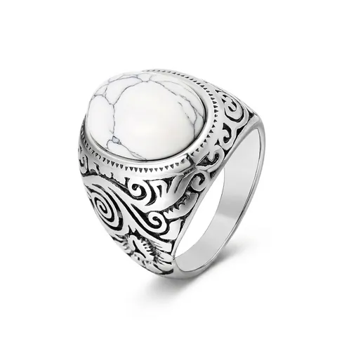 Vintage Men Signet Ring Stainless Steel Carved Floral Pattern Natural Stone Inlay Retro Gothic Boho Punk Jewelry Accessory