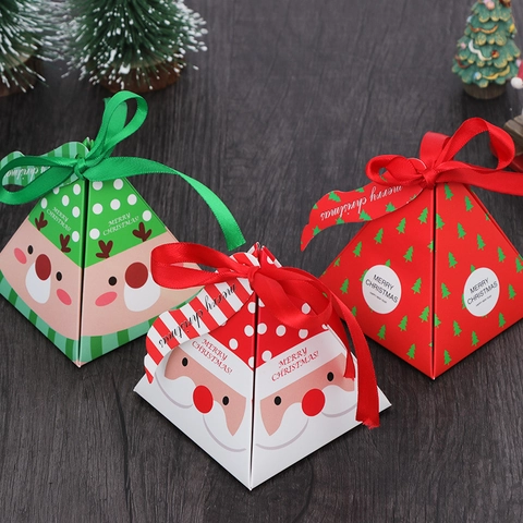 Boîtes Cadeaux De Noël Forme Pyramide Emballage Bonbons Avec Ruban Carton Dessin Animé Père Noël Renne Faveur De Fête