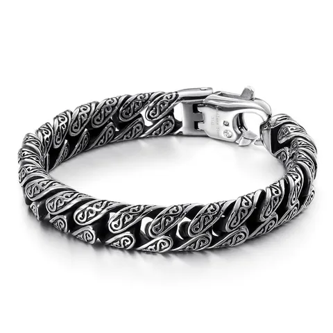 Retro Engraved Cuban Link Bracelet For Men 316L Stainless Steel Punk Gothic Style Hip Hop Jewelry Heavy Metal Gift