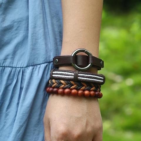 Vintage Leather Bracelet Set Retro Braided Cord Wood Beads Punk Rock Wristband For Men Women Daily Party Jewelry Gift