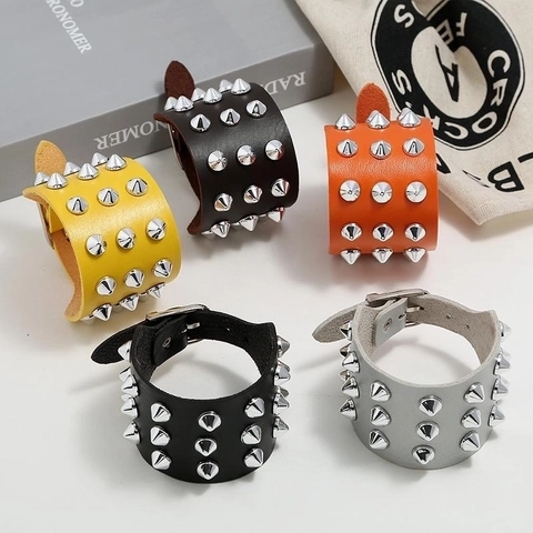 Punk Leather Bracelet Wide Cuff With Triple Row Alloy Cone Spikes Adjustable Buckle For Men Women Rock Gothic