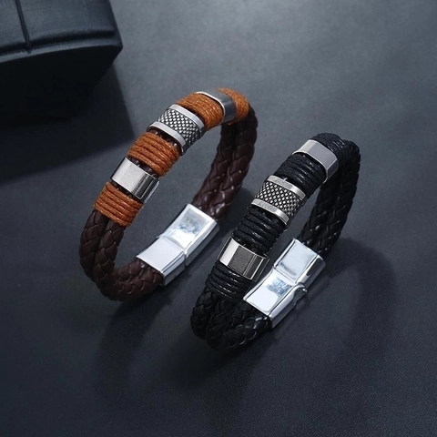 Bracelet En Cuir PU Tressé Pour Hommes Avec Fermoir Magnétique En Alliage Style Punk Minimaliste Bijoux De Poignet
