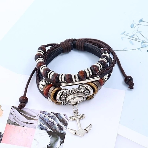 Bracciale in Vera Pelle Multistrato Retro Punk per Uomo Donna Corda in Pelle di Vacca Intrecciata a Mano Ciondolo Ancora in Lega Gioielli Nautici