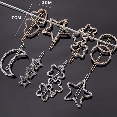 Glänzende Strass Legierung Haarspangen Stern Mond Herz Geometrische Schnapp Barrettes Mode Haar Accessoires Für Frauen