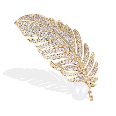 Broche Plume Elegante En Alliage Avec Strass Etincelants Et Künstliche Perle Bijoux De Mode Decoratifs Pour Femmes Hommes
