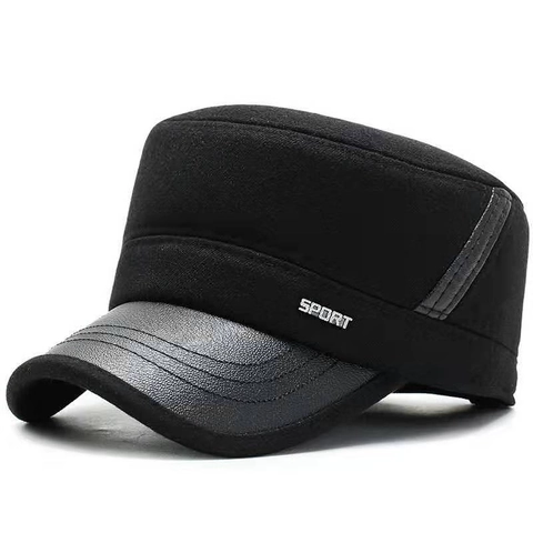 Gorra Cadet Hombre Sombrero Militar Plano De Lana Con Visera De Cuero PU Orejeras Plegables Invierno Ajustable Retro