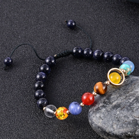 Eight Planets Solar System Bracelet Natural Tiger Eye Amethyst Blue Sandstone Galaxy Braided Cord Adjustable Unisex Jewelry