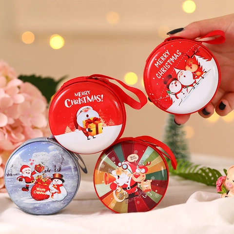Weihnachten Runde Münzbörse Weißblech Mini Kopfhörer Aufbewahrungstasche Reißverschluss Tasche Kinder Party Geschenk Cartoon Weihnachtsmann