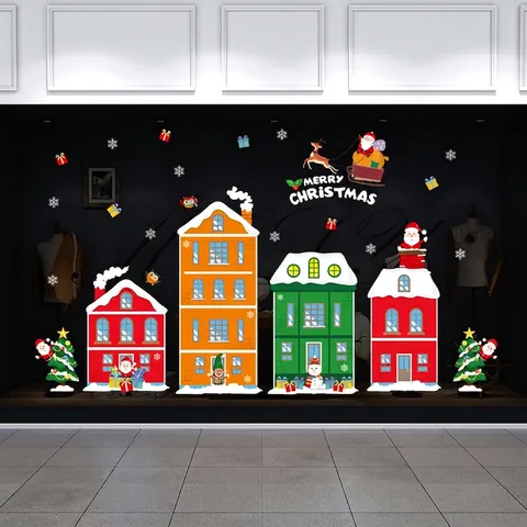 Christmas Wall Stickers PVC Removable Waterproof Santa Claus Reindeer Snowflakes Colorful Houses Glass Window Decor