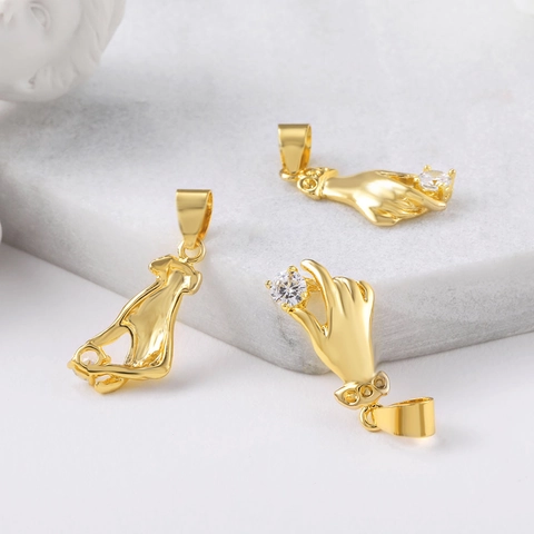 Gold Vergoldeter Kupfer Hand Anhänger Mit Klarem Zirkon Für DIY Schmuckherstellung Halskette Armband Accessoire Mode