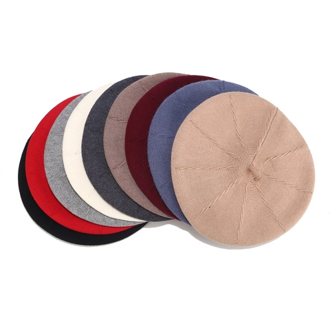 Boina De Punto Para Mujer Acrílico Cálido Vintage Estilo Pintor Francés Acanalado Color Sólido Accesorios Otoño Invierno