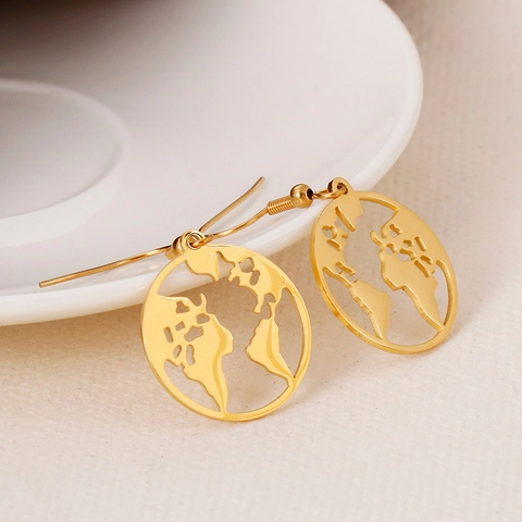 Pendientes De Gancho Con Mapa Del Mundo Redondo Hueco Acero Inoxidable 316L Joyería De Moda Para Mujer
