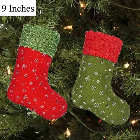 Christmas Stockings Fabric Hanging Tree Ornaments Holiday Decoration Snowflake Pattern Festive Gift Bags Classic Red Green