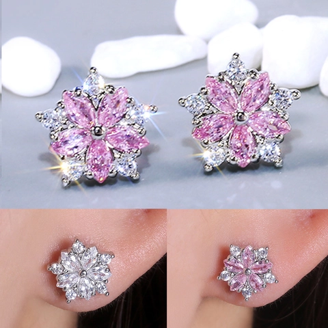 Flower Stud Earrings Copper Cubic Zirconia Sparkling Snowflake Design Sweet Elegant Jewelry For Women