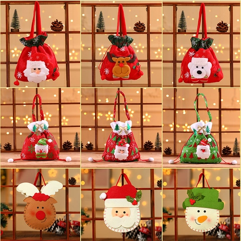 Bolsas De Regalo De Navidad Fieltro Tela Punto Bolsa Dulces Papá Noel Muñeco De Nieve Reno Cordón Asa Decoración Fiesta