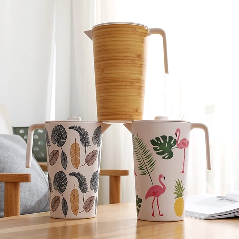 Large Capacity Water Pitcher With Lid Bamboo Fiber Eco Friendly Cold Water Kettle For Juice Milk Tropical Pattern Home Use