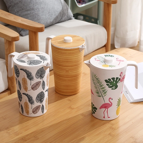 Large Capacity Water Pitcher With Lid Bamboo Fiber Eco Friendly Cold Water Kettle For Juice Milk Tropical Pattern Home Use