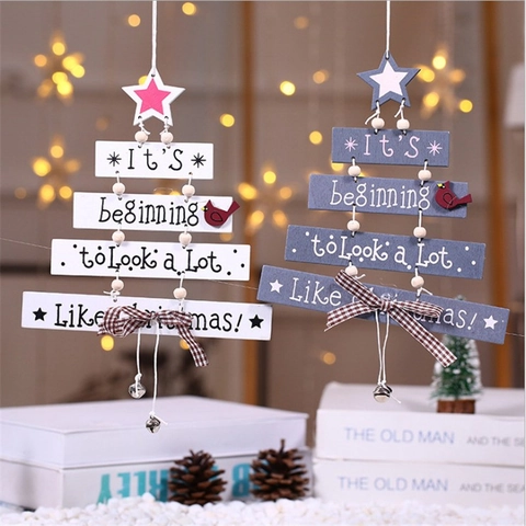 Christmas Tree Hanging Ornament Wood Printed Letter Sign With Gingham Bow And Bells For Holiday Wall Door Decor