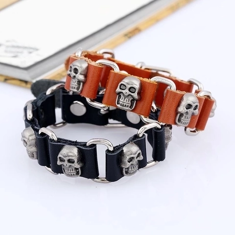 Punk Cowhide Leather Bracelet With Alloy Skulls Iron Rings Adjustable Snap For Men Unisex Gothic Style