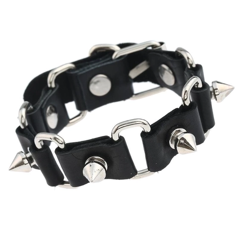 Punk Rock Cowhide Leather Bracelet With Alloy Metal Spikes And Rings Retro Locomotive Adjustable Snap Button Cuff For Men Women