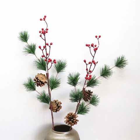 Artificial Christmas Pine Branches Red Berries Pine Cones Realistic Bendable Pine Needle Spray For Holiday Home Decor