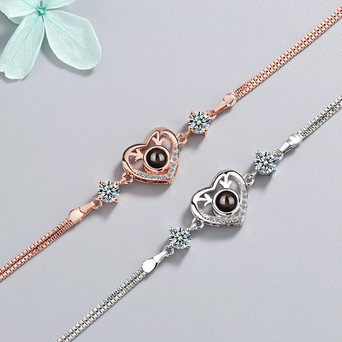 Copper Heart Deer Antler Projection Bracelet For Women 100 Languages I Love You Rhinestone Inlaid Fashion Jewelry