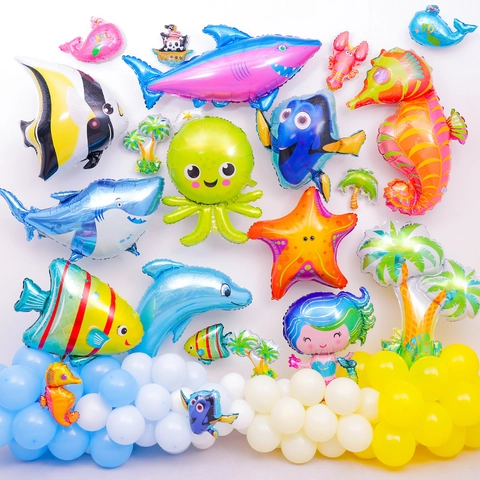 Cartoon Ocean Animal Foil Balloon Sea Creature Shark Mermaid Octopus Seahorse Reusable Inflatable Party Decoration Birthday