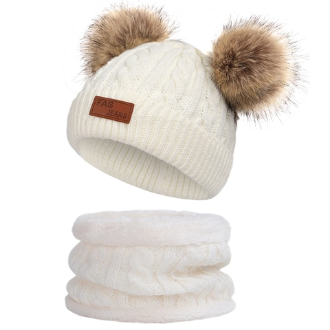 Kids Winter Hat and Scarf Set Warm Fleece Lined Knit Beanie Cap With Double Pom Poms For Toddlers Babies Girls Boys