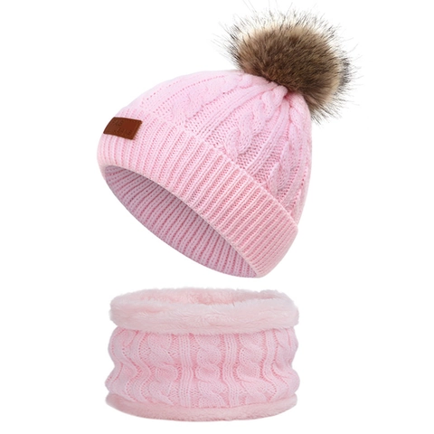 Winterliche Strickmütze Schal Und Handschuhe Für Kinder Warm Fleece Gefüttert Beanie Mit Kunstfellbommel Outdoor