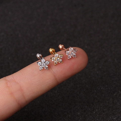 Mini Flower Star Ear Cartilage Stud Earrings Stainless Steel Screw Post Copper Inlaid Cubic Zirconia Helix Piercing