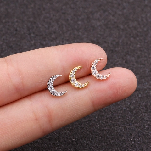 Boucles D'Oreilles Lune Cuivre Zirconium Avec Tige En Acier Inoxydable Fermoir À Vis Boule Piercing Bijoux Minimalistes