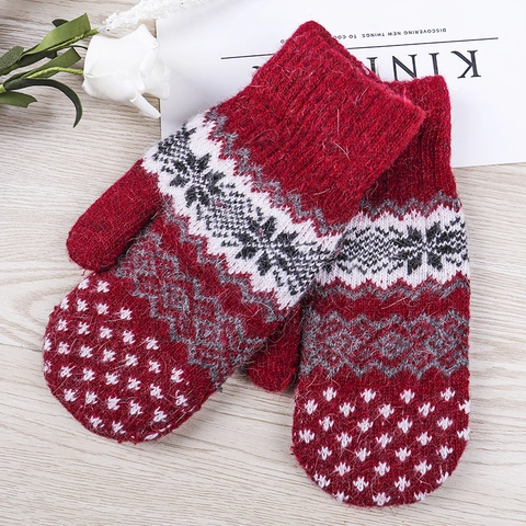 Knitted Mittens Cashmere Wool Blend Thickened Warm Double Layer Nordic Snowflake Jacquard Winter Outdoor For Women Men