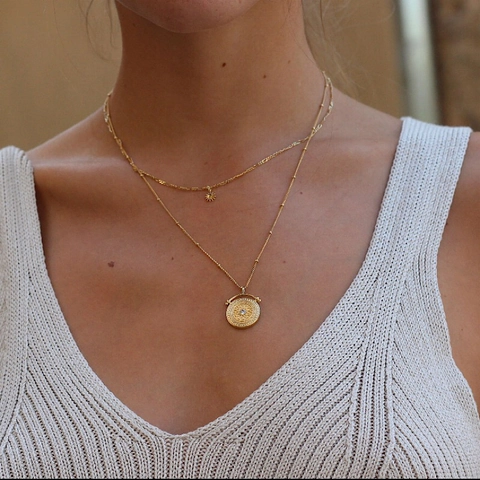 Double Layer Necklace Titanium Steel 18K Gold Plated Zircon Retro Sun Star Medallion Coin Pendant Bohemian Style For Women